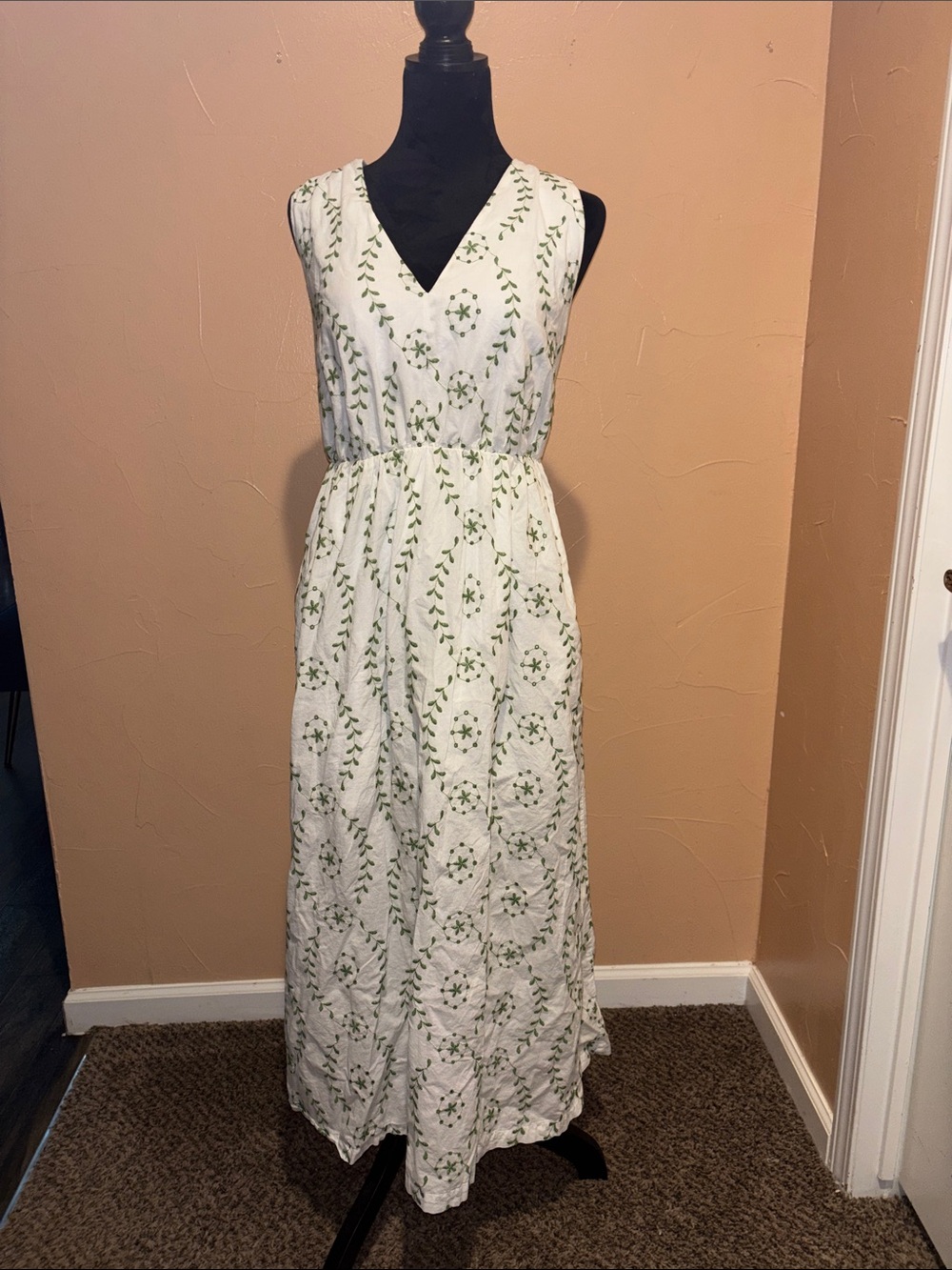a new day White Maxi Dress with Green Embroidered Floral Pattern